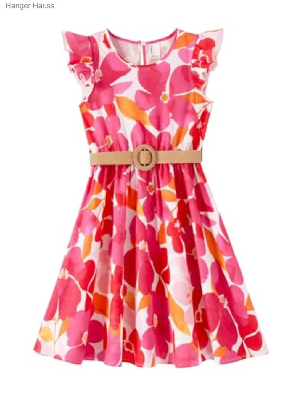 Girls Boho Floral Swing Dress Ruffle Sleeve Braided Belt Casual